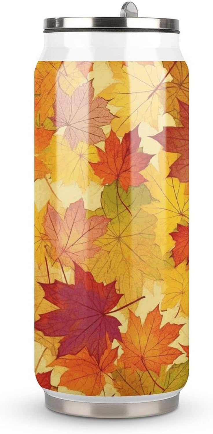 Stainless Steel Cups Autumn Leaves of Maple Printed Coke Cup Stainless Steel Insulated Cups with Lid And Straw