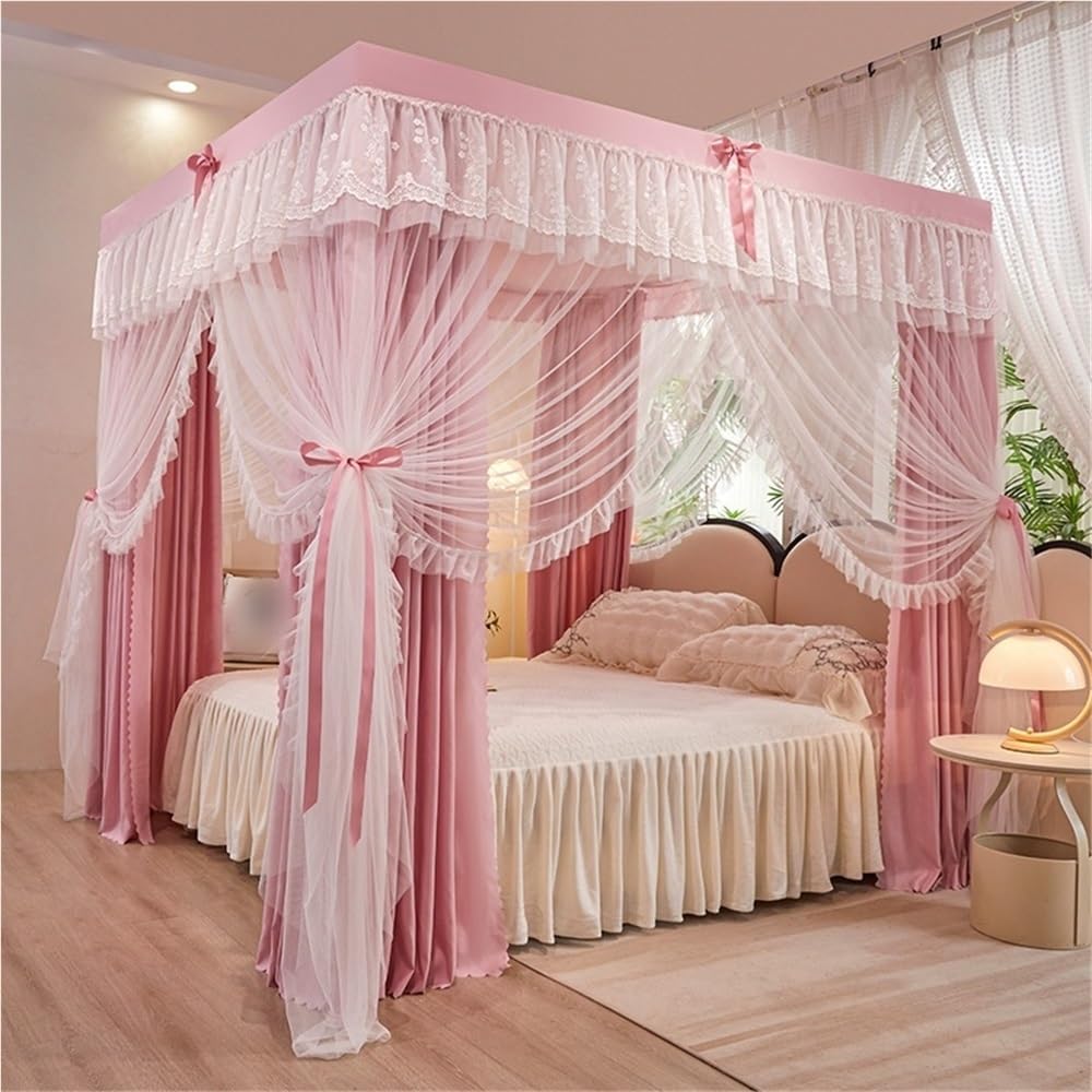 Stylish Double-Layer Bed Curtain, Four Door Bed Curtain Mosquito Net, 4 Corners Post Bed Canopy Curtain, Grace Curtains for Bedroom, Dorm(Pink-2,78.7 * 86.6in)