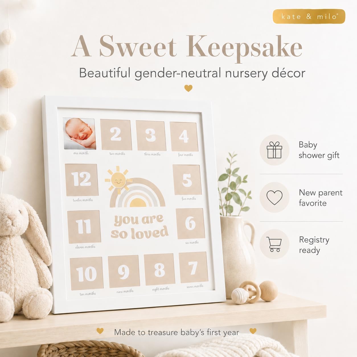 Kate & Milo My First Year Baby Photo Frame – Monthly Milestone Picture Display, Keepsake Nursery Decor for Newborn Girl or Boy, "You Are So Loved" Sentiment, White