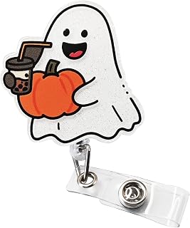 Hallonween Badge Reel, Retractable Nurse Badge Holder with Cute Pumpkin&Ghost Designs, Name ID Card Badge Reels with Alligator Clip for Halloween Nurse Medical Worker Nursing Student Teacher