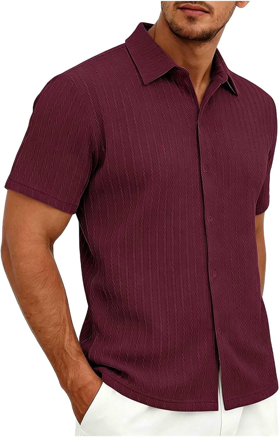 Mens Casual Classic Shirt Summer Short Sleeve Vacation Button Tops Lightweight Beach Knit Blouse Stretchy Golf Shirts