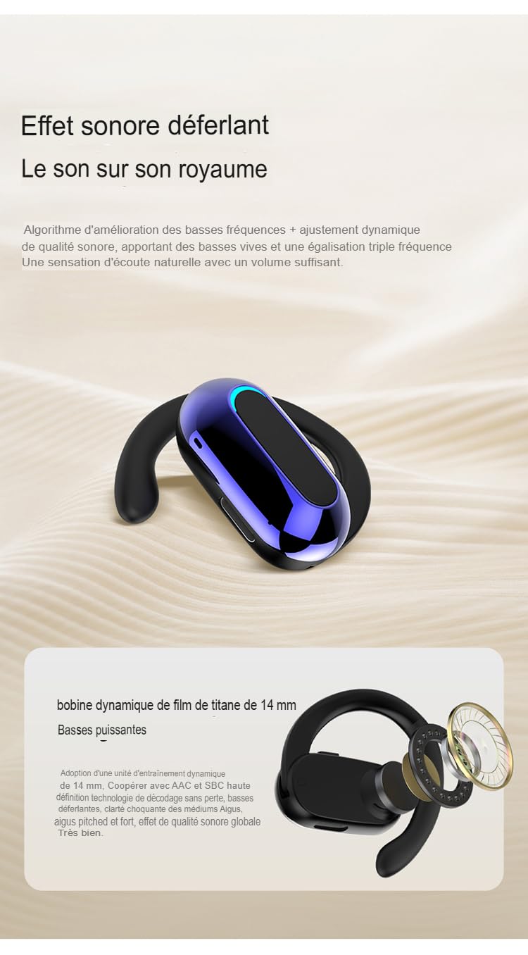 Clip Oreillette Bluetooth 5.2 sans Fil - 75 mAh, 15H Écoute, Recharge USB-C, Clip Oreille Ouvert, Confortable, Idéale Télétravail & Sport. (Noir)