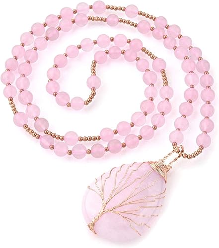 Jovivi Collar de cristales curativos de cuarzo amatista natural, con dije de piedra preciosa de chakra envuelto en lágrima envuelta en alambre de 28