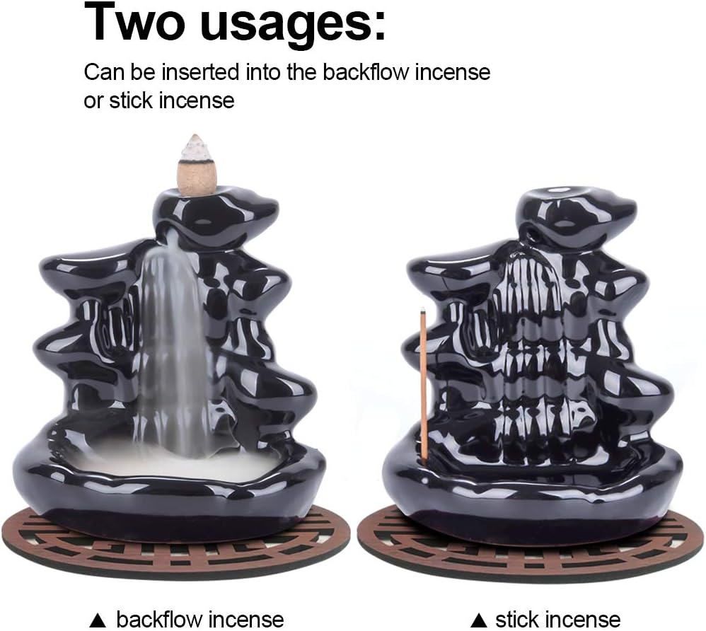 SPACEKEEPER Handmade Ceramic Backflow Incense Holder Waterfall Incense Burner, Aromatherapy Ornament Home Decor with 80 Backflow Incense Cones+ 30 Incense Stick, Full Black