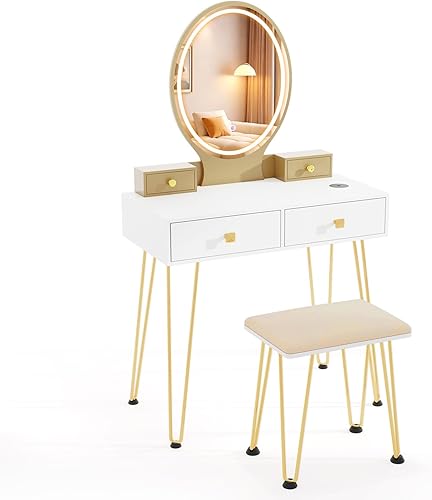 Miniatura 52 de CHARMAID Mesa de tocador de maquillaje con espejo iluminado, 3 juegos de iluminación, brillo ajustable, 2 cajones grandes, cajas de almacenamiento