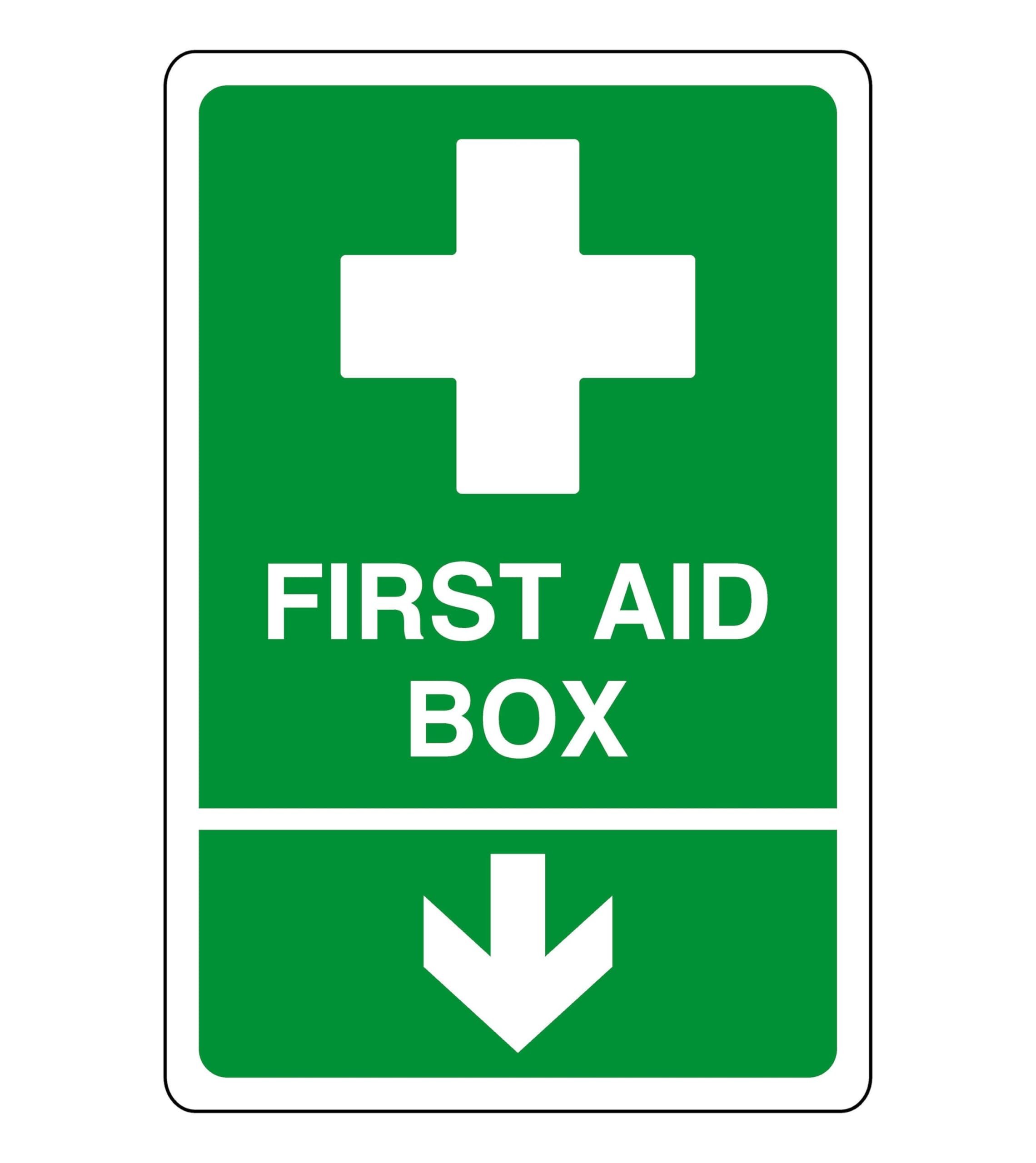 Safety First Display Ltd Green/White First Aid Box Arrow Down - Safety Sign - Aed Sign, First Aid Stickers, First Aid Kit - High Tack Self-Adhesive Sticker (300Mm X 200Mm) Viewing Distance Within 7M.
