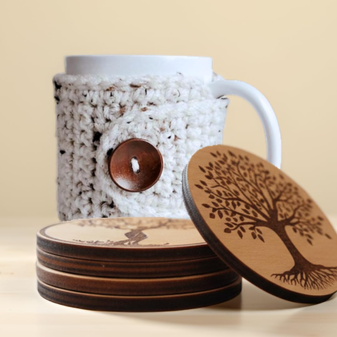 Nandy’s Nook Handmade Mug Cozy Set – Crochet Coffee & Tea Sleeve and 4 Pack Wooden Tree of Life Coasters - Warm Winter Gift, Custom Cozy Color Options