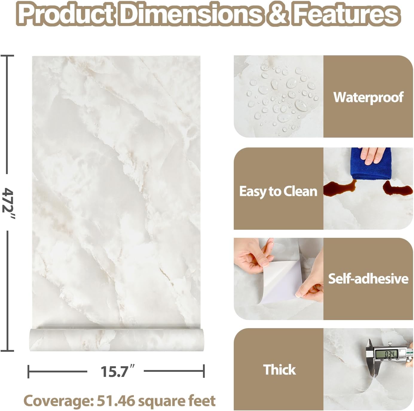 15.7''x472'' Beige Cloudy Marble Countertop Peel and Stick Wallpaper Removable Waterproof Marble Contact Paper for Countertops Kitchen Self Adhesive Matte Marble Vinyl Wrap for Bathroom Wall