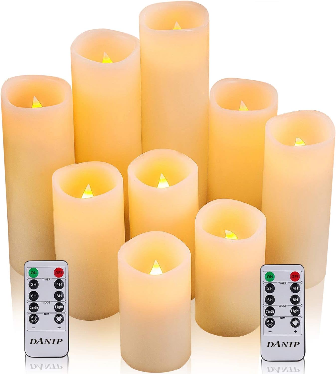 LED Flameless Candle Battery Powered Candle 4"5" 6"7" 8"9" 9-Piece Set Ivory Full Wax Column LED Candle 10-Button Remote Control 24 Hour Timer.