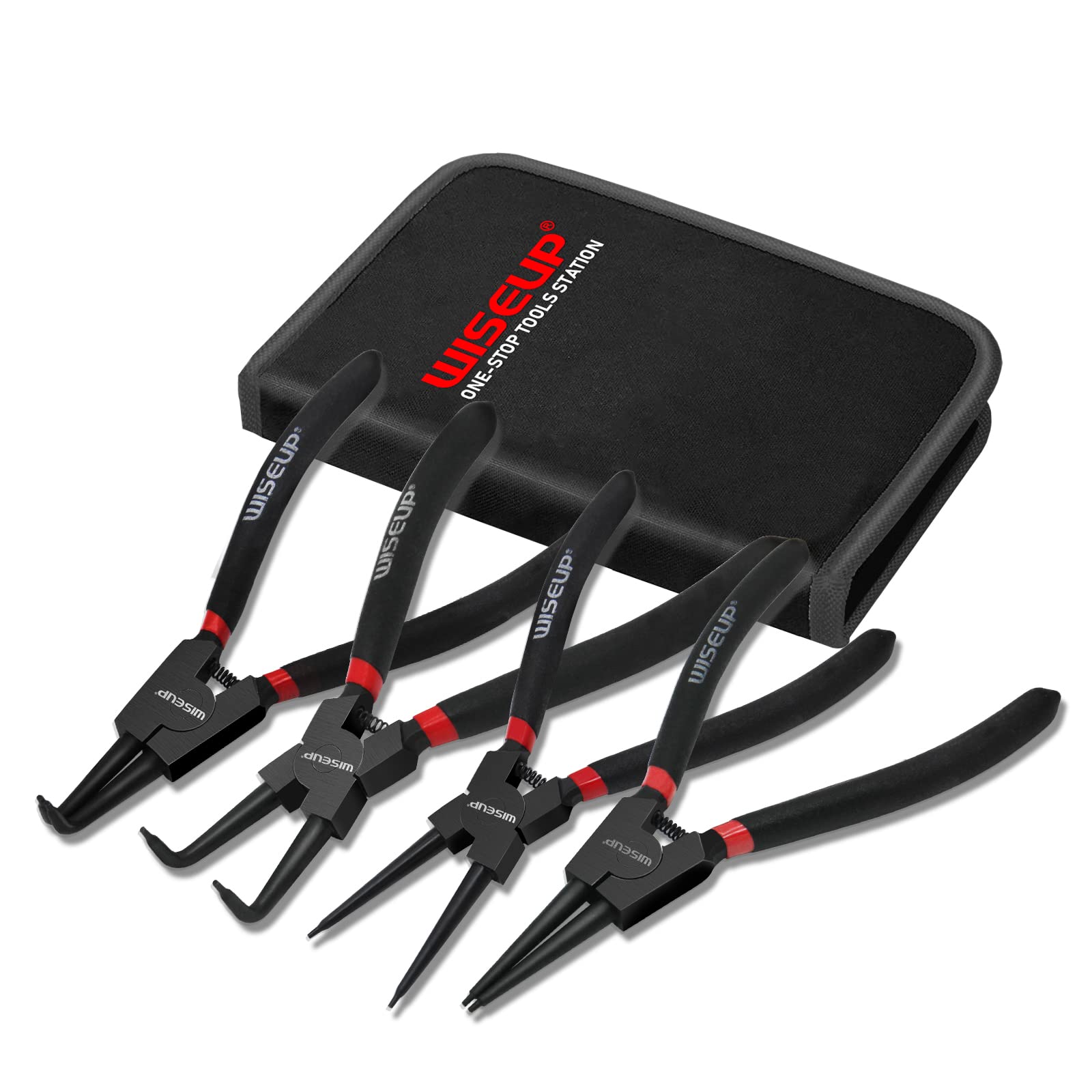 WISEUP Set di pinze per anelli elastici con set di 225 anelli di fissaggio, 4 pezzi da 17,8 cm (diametro punta 1/20 pollici), pinze per anelli di tenuta dritte/piegate, pinze a becco a C, per