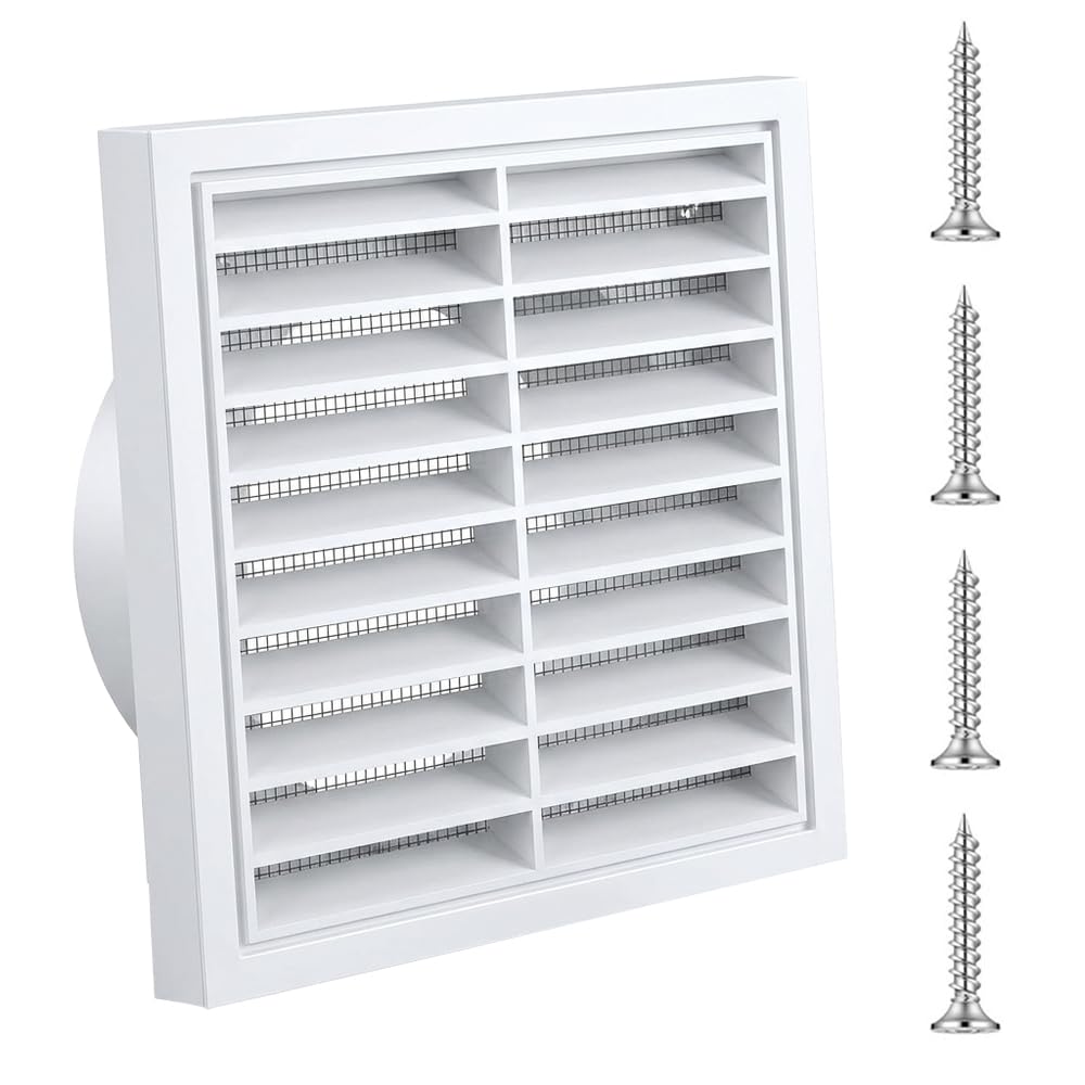 100mm Vent Cover Wall Vent Grille, 140 x 140mm Air Vent with Flyscreen, Louvred Cover for Bathroom Extractor Fan, Tumble Dryer, Kitchen, Garage, Exterior Walls, White ABS