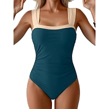 Aidonger Women's One Piece Swimsuit Modest Tummy Control Bathing Suit Ruched Slimming Color Block Swimwear