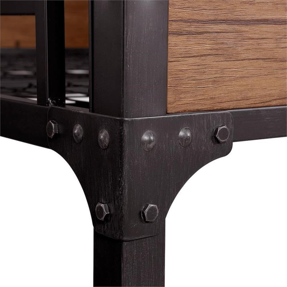 Bowery Hill Modern Steel Metal/Wood Twin Over Twin Bunk Bed, Black Finish, 66.5"H x 78.38"W x 41"D, Attached Ladder, Wood Panel Accents, Top Bunk Safety Railing, Durable Space-Saving Bed for Kids or