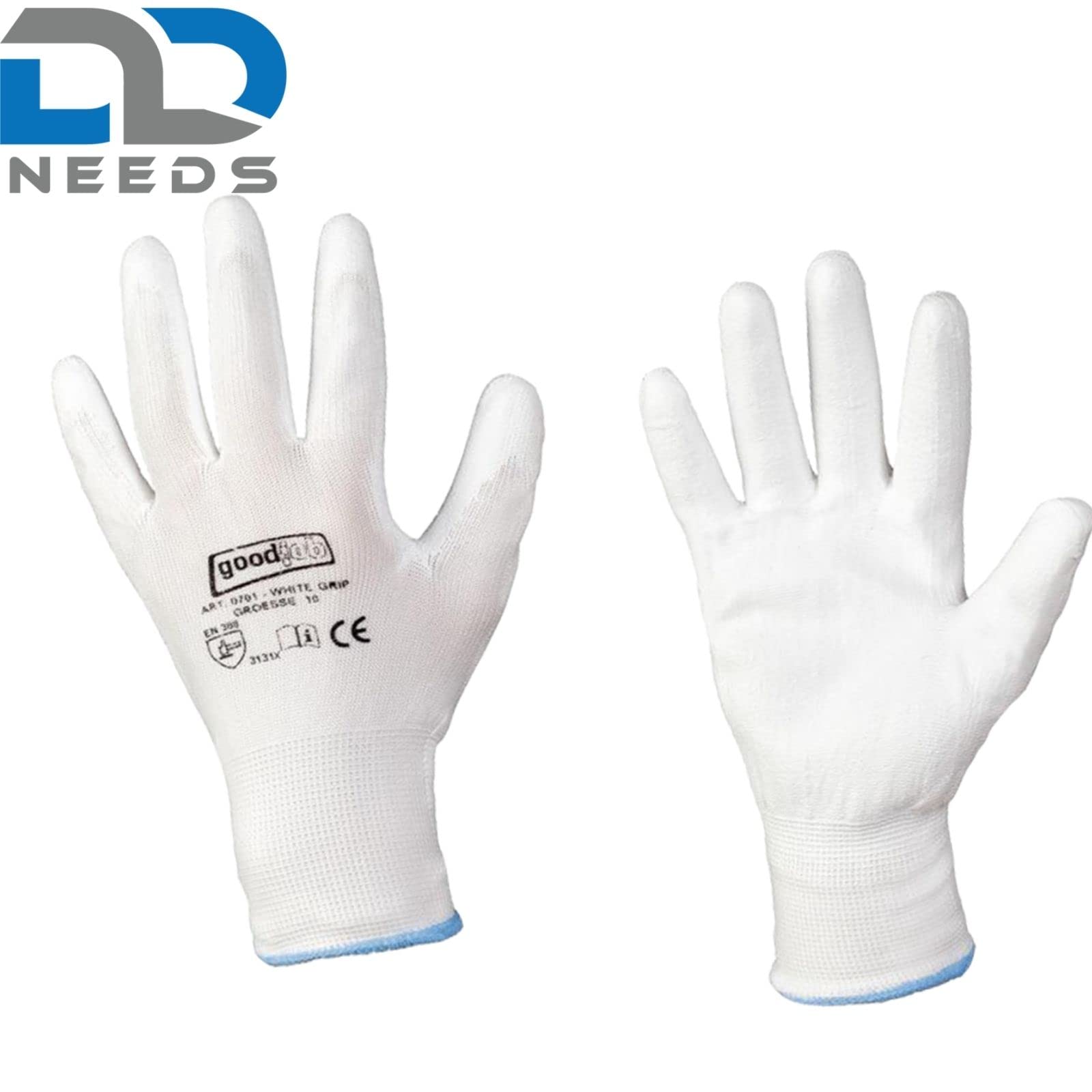 D2D | 48 Paar - White Grip Handschuhe - Größe: 8 (M) - Weiß aus Polyester mit einer PU Beschichtung - Norm EN 388 - Arbeitshandschuhe - PU-Montagehandschuhe