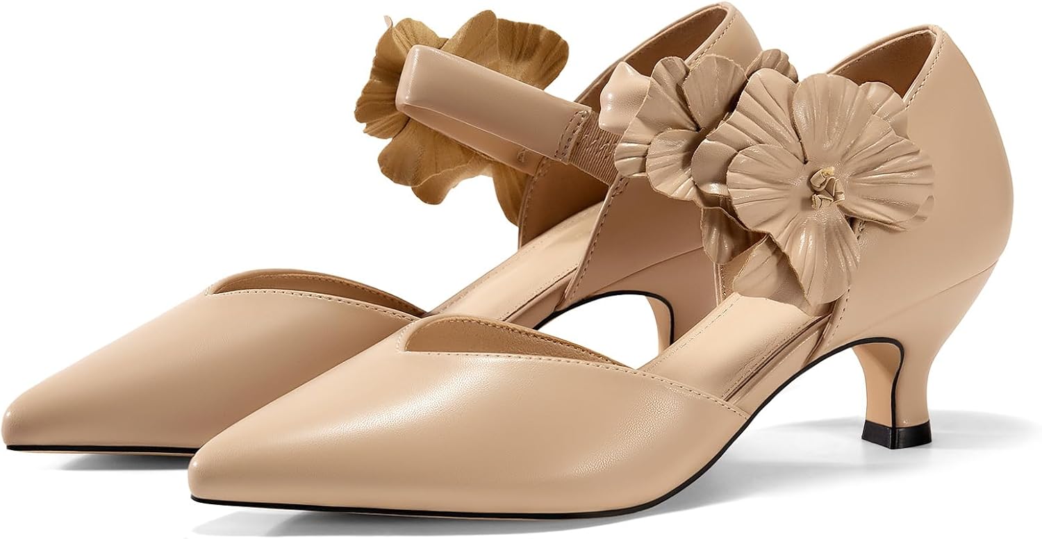 Coutgo Womens Low Kitten Heels Dressy Shoes Comfortable Closed Toe Flower Slip on Formal Party Dance Heeled Pumps - Image 4