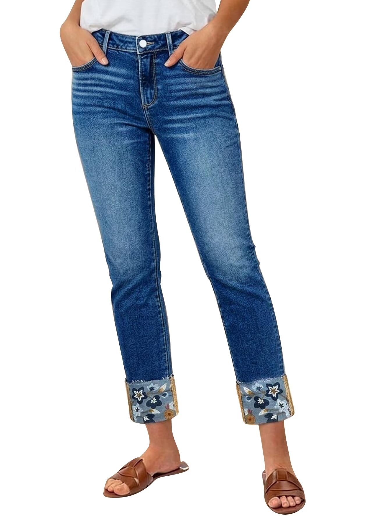 Flamingals Straight Leg Cropped Jeans with Tribal Embroidery