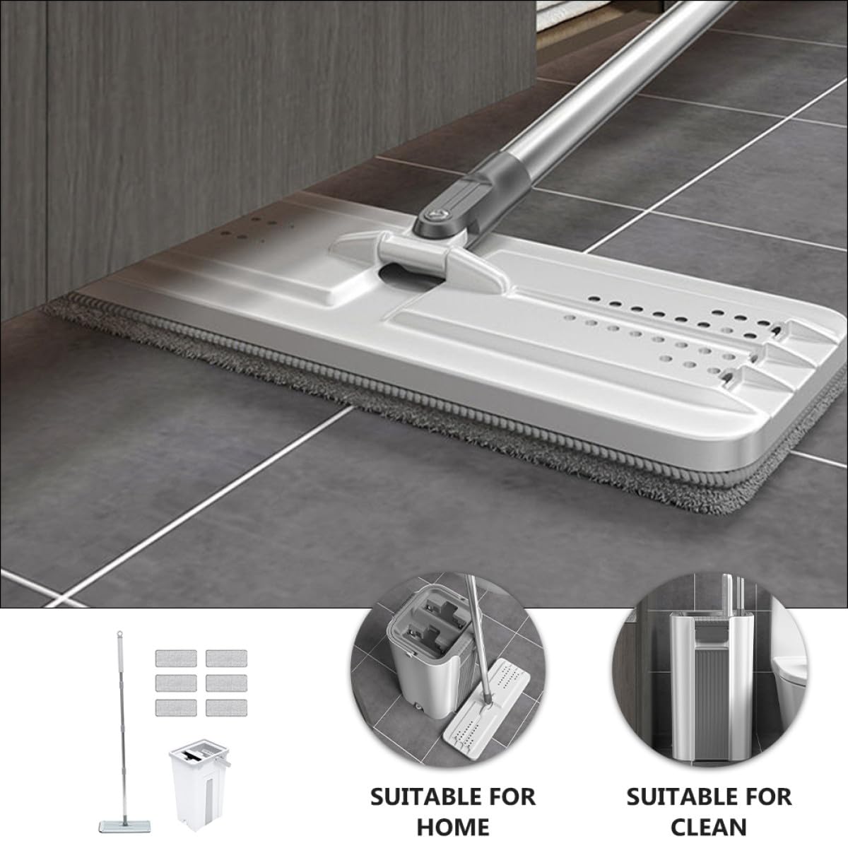 Handfreies Wischmopp Satz mit Mikrofaser Mopp Wischeimer mit Kammern Platzsparend für Staub und Tierhaare Haushaltsreinigung Wohnzimmer Schlafzimmer