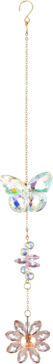 Crystal Butterfly Suncatcher, Flower Suncatcher, Hanging Sunlight Catcher, Crystal Prisms, Home Decoration, Birthday Gift (Pink)