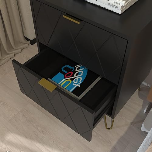 Miniatura 9 de Anbuy - Juego de 2 mesitas de noche, color negro, con manija dorada, mesita de noche con 2 cajones, juego de 2 mesitas de noche con patas doradas