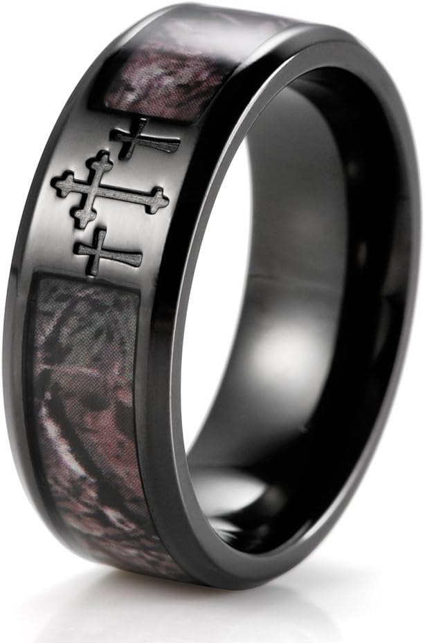 Men's 8mm Plated Black Titanium Wedding Bands 3 Crosses and Camouflage Inlaid Christian Ring