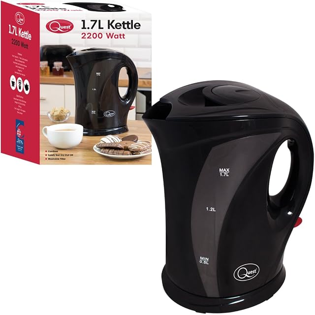 Quest 35100 1.7 Litre Kettle | Strix Controller | LED Switch | Dual Water Indicator | Removable and Washable Filter, Plastic, 2200 W, 1.7 liters, Jet Black