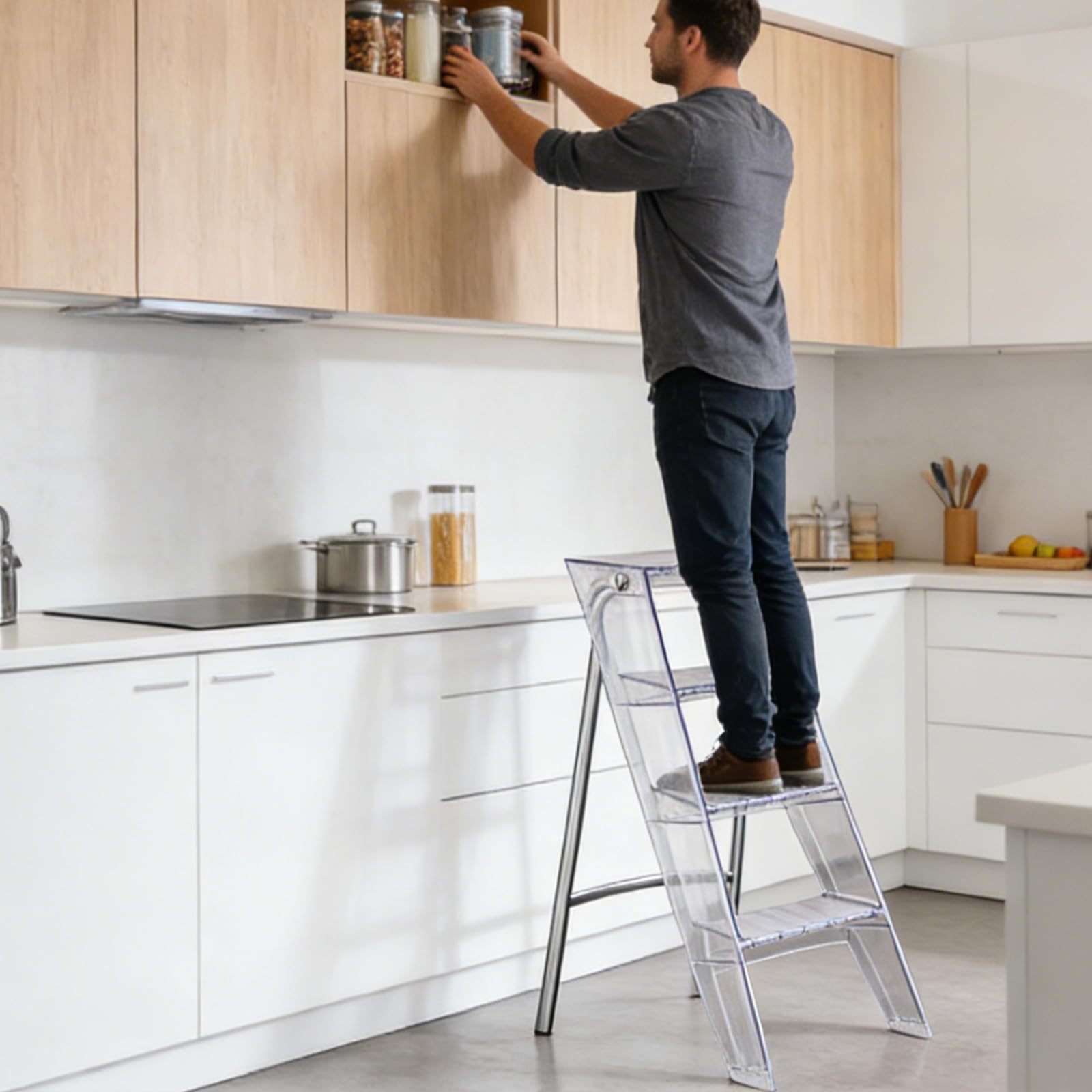 Scala pieghevole a 3 gradini in acrilico per adulti Sgabello leggero portatile a 3 livelli con 3 ripiani per cucina, ufficio, biblioteca