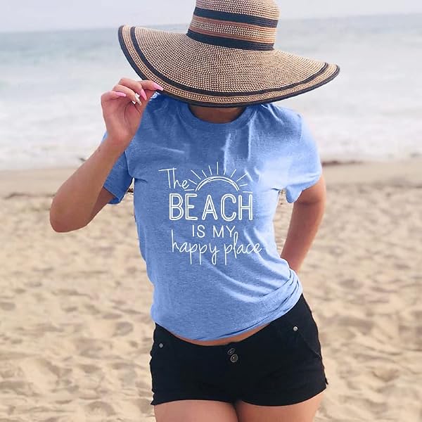 Beach Shirt Women The Beach is My Happy Place T Shirt Short Sleeve Casual Summer Vacation Tees Top Light Blue by BANGELY - Used condition - Image 2