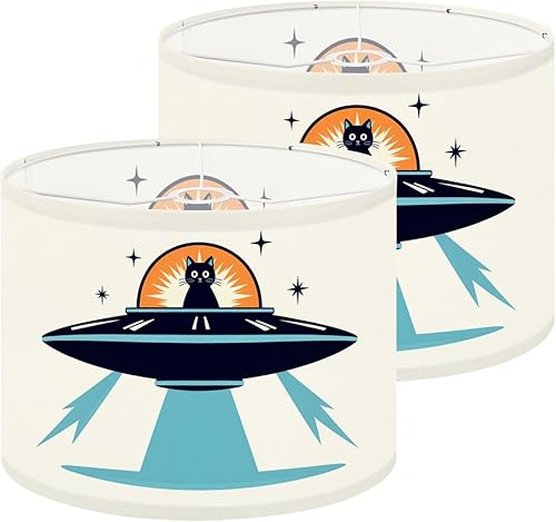 Drum Lampshade Mid Century Black Cat Starry Lights Retro Style Medium Lamp Shade Replacement Linen Fabric Lampshades for Bedside Table Lamp Floor
