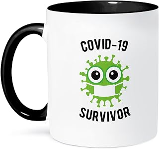 3dRose Covid-19 Survivor With Virus Emoji. Black Letters On White 11oz Two-Tone Black Mug