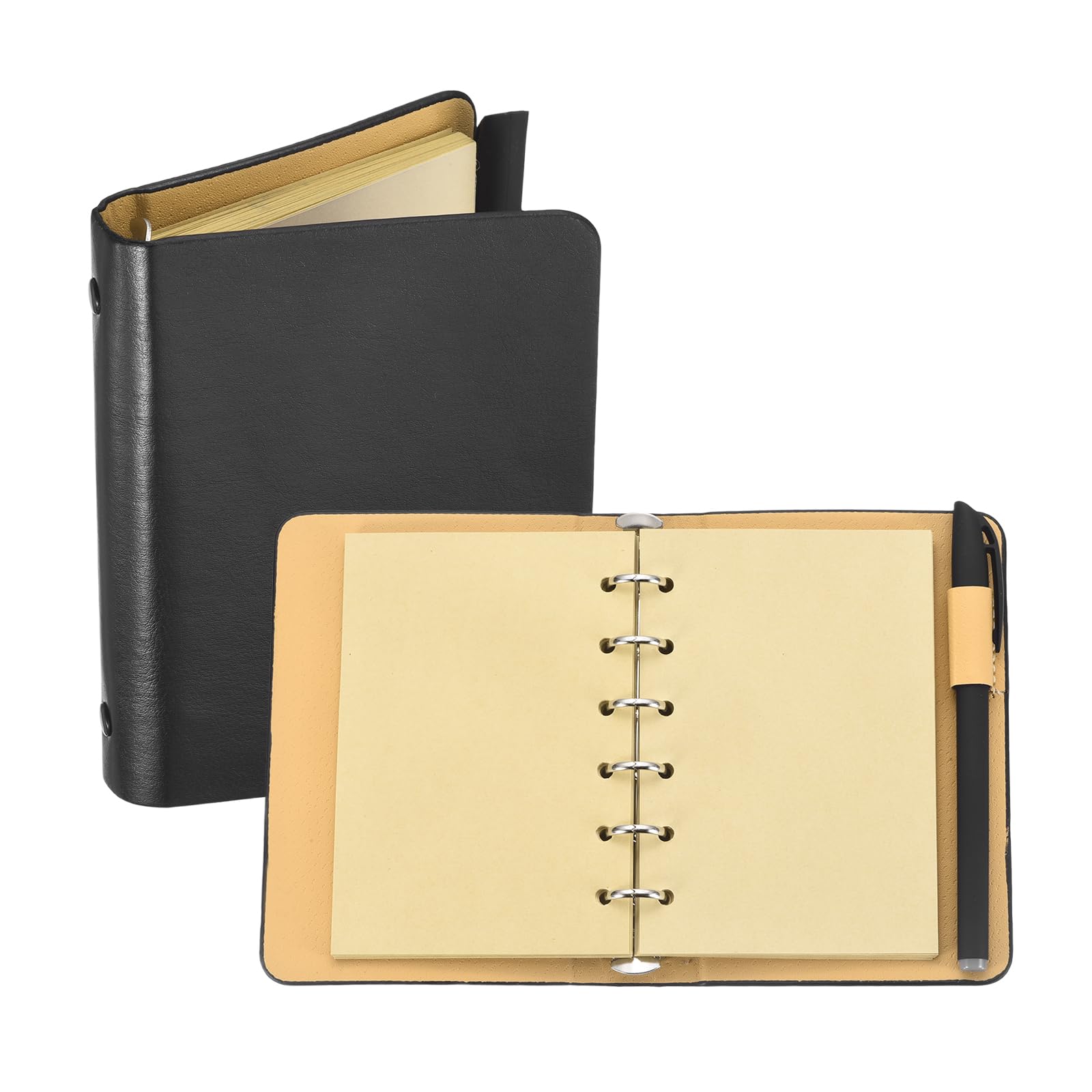 PATIKIL 6 Ring Binder Cover, A7 Leather Notebook Binder with 50 Sheets Refillable Kraft Paper and Gel Pen Loose Leaf Planner Compact Personal Organizer for Travel Office, Black