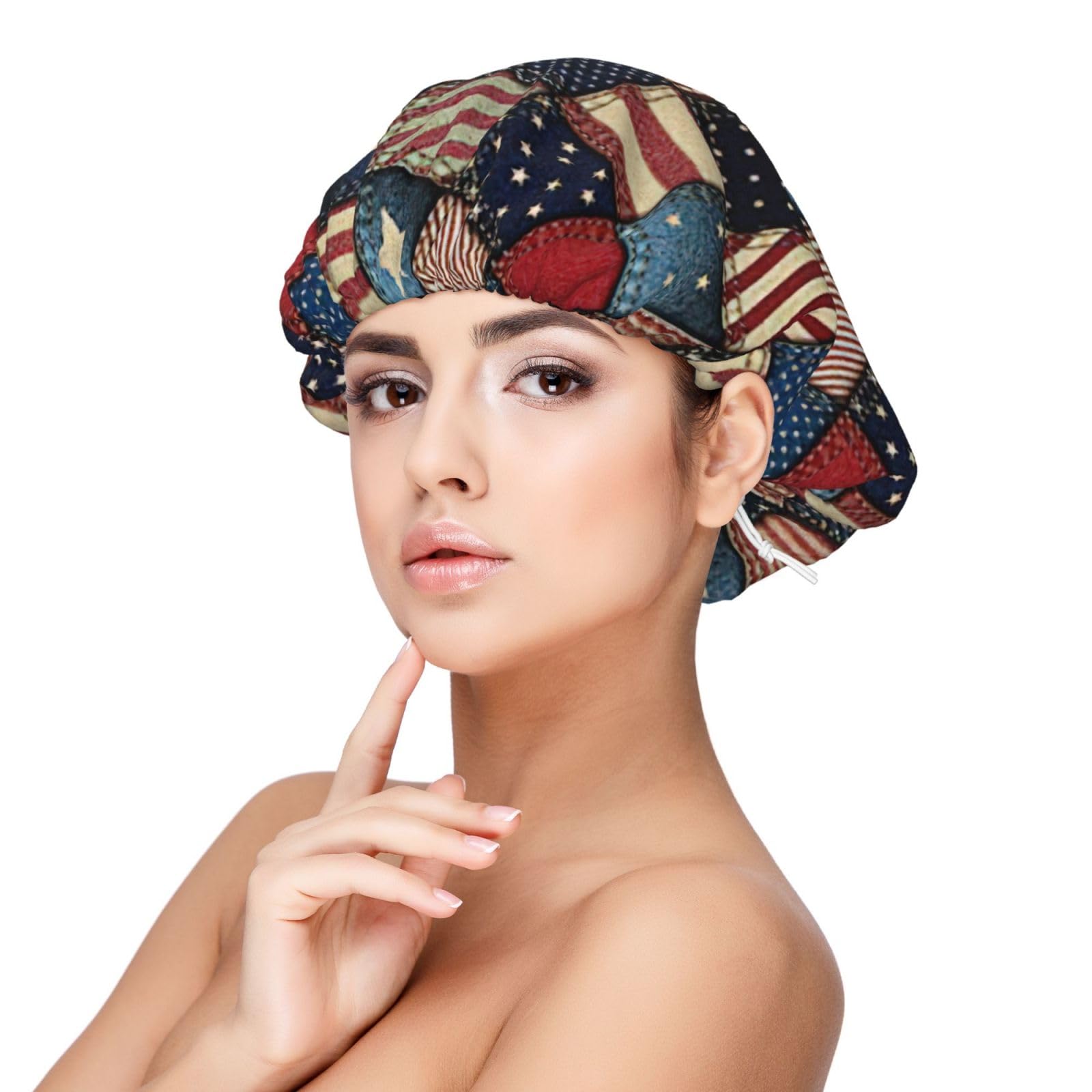 Double Layer Reversible Hair Wrap Satin Sleep American Flag Patchwork Cap Bonnet for Braid Curly Hair Satin Bonnet Black