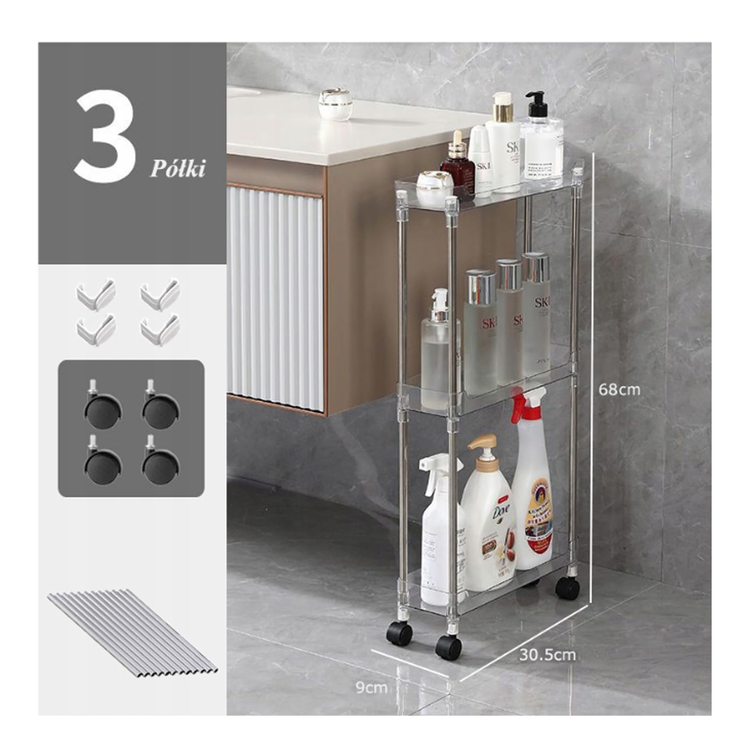 Hooha Carrello portaoggetti a 3 livelli, con ruote, multiuso per cucina, bagno, biancheria, ufficio, camera da letto, piccolo scaffale, 68 cm x 30,5 cm x 9 cm