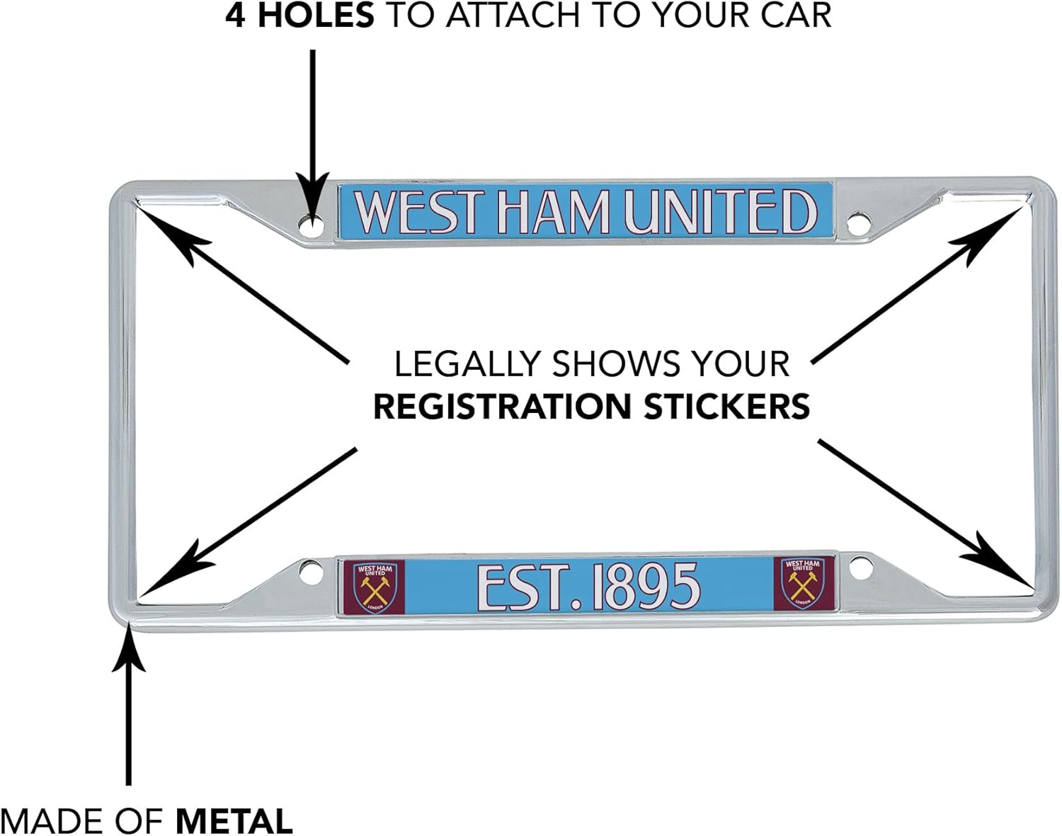 Desert Cactus West Ham United Car Accessories Hammers Football Soccer Metal License Plate Frame and Tag Holder for Front or Rear of Car (Style 1) - Image 5