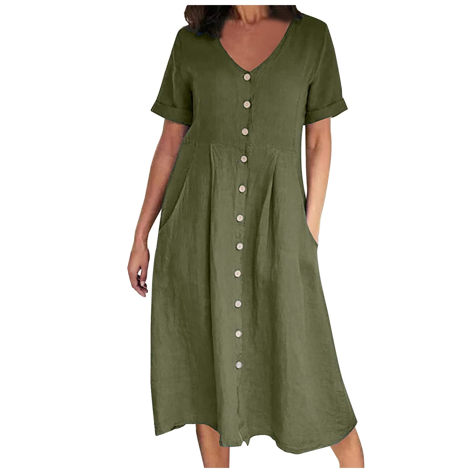 AMhomely Cotton Linen Dresses for Women-Button Down Dress Plus Size,V Neck Shirt Dresses with Pocket,Pleated A-line Sundress,Solid Casual Swing Dress,Office Work Holiday Vacation A Army Green M