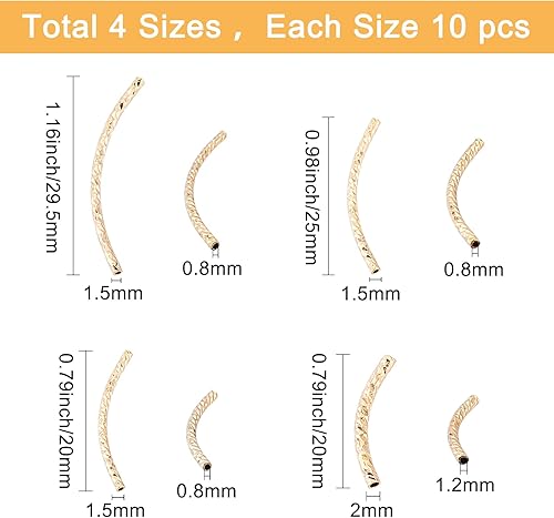 Miniatura 2 de CREATCABIN 1 caja de 40 piezas de 4 tamaños de cuentas de tubo curvadas doradas de latón elegante cuentas de fideos reales chapados en oro de 24