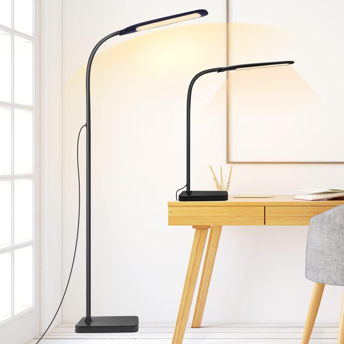 Joymon Led Floor Lamp Adjustable Gooseneck Standing Lamp 3 Color Temperature Reading Light Stepless Dimmer 2 in 1 Desk&Floor Lamp for Living Room Bedroom Corner Light