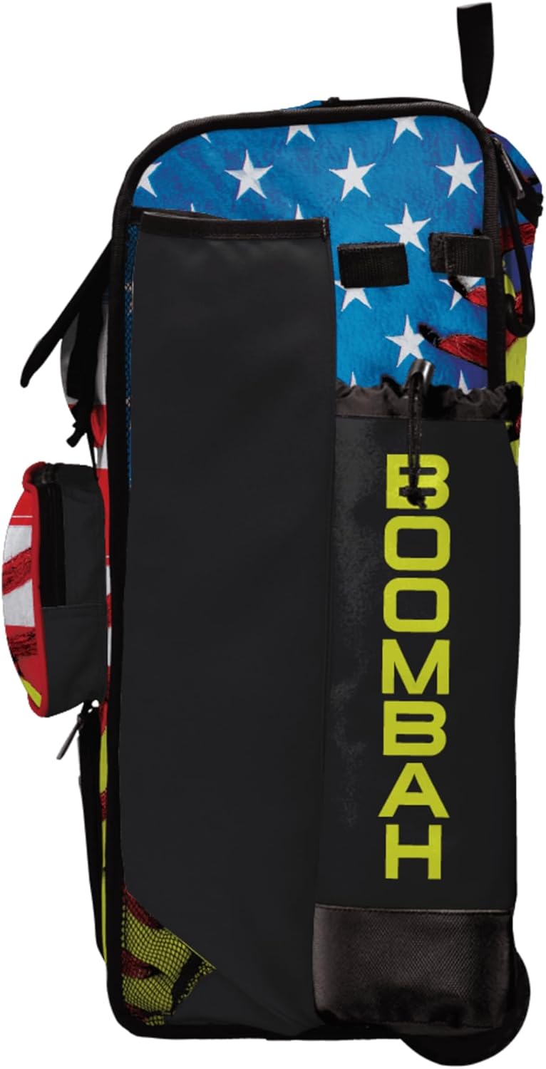 Boombah Rolling Catchers Superpack Bat Bag - 23-1/2" x 13-1/2" x 9-1/2" - Telescopic Handle - Holds 4 Bats - Wheeled Version - USA Softball Classic Optic Yellow/Royal Blue/Red
