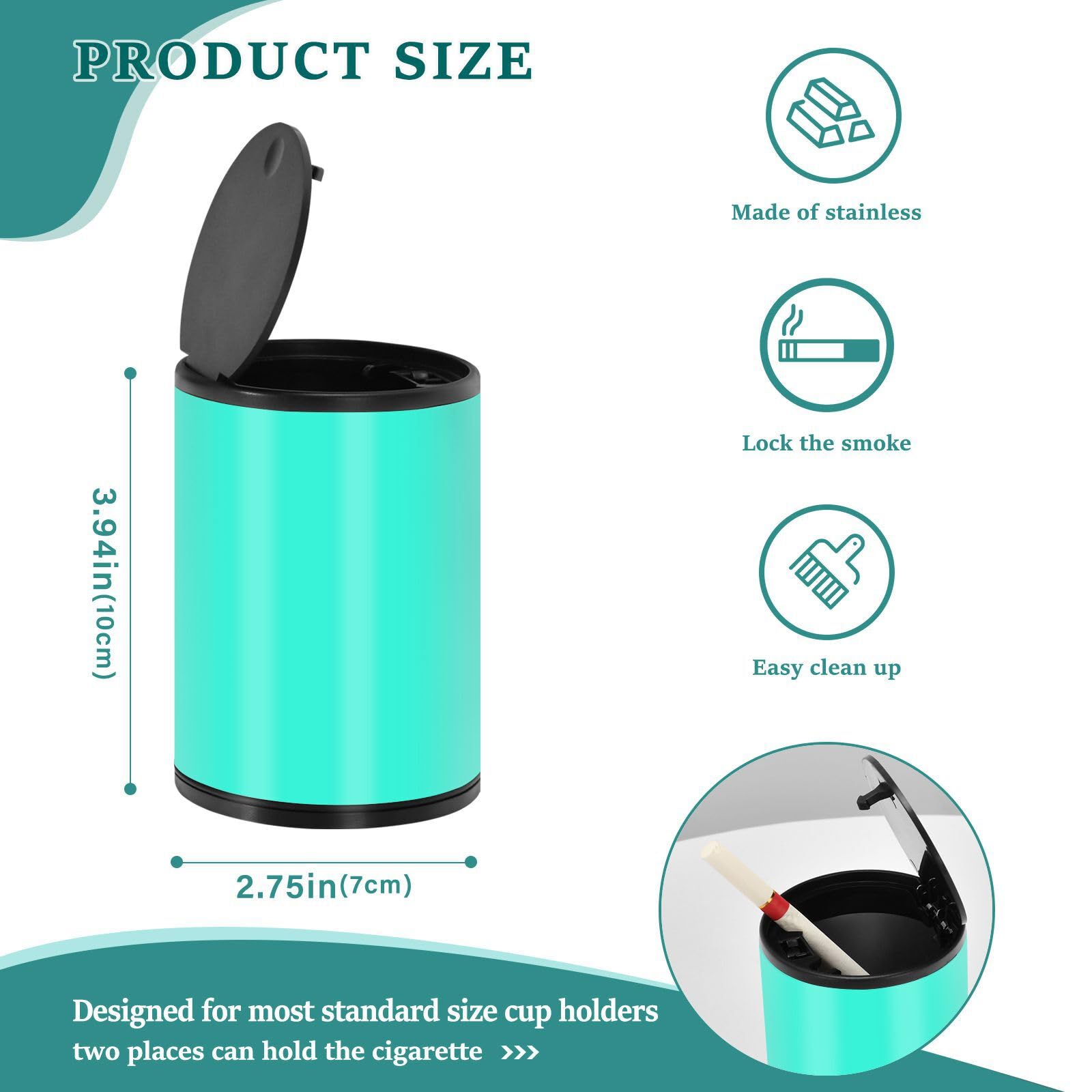 Teal Ashtrays For Cigarettes For Car with Lid Stainless Steel Portable Windproof Ash Tray Sets For Car for Camping Travel