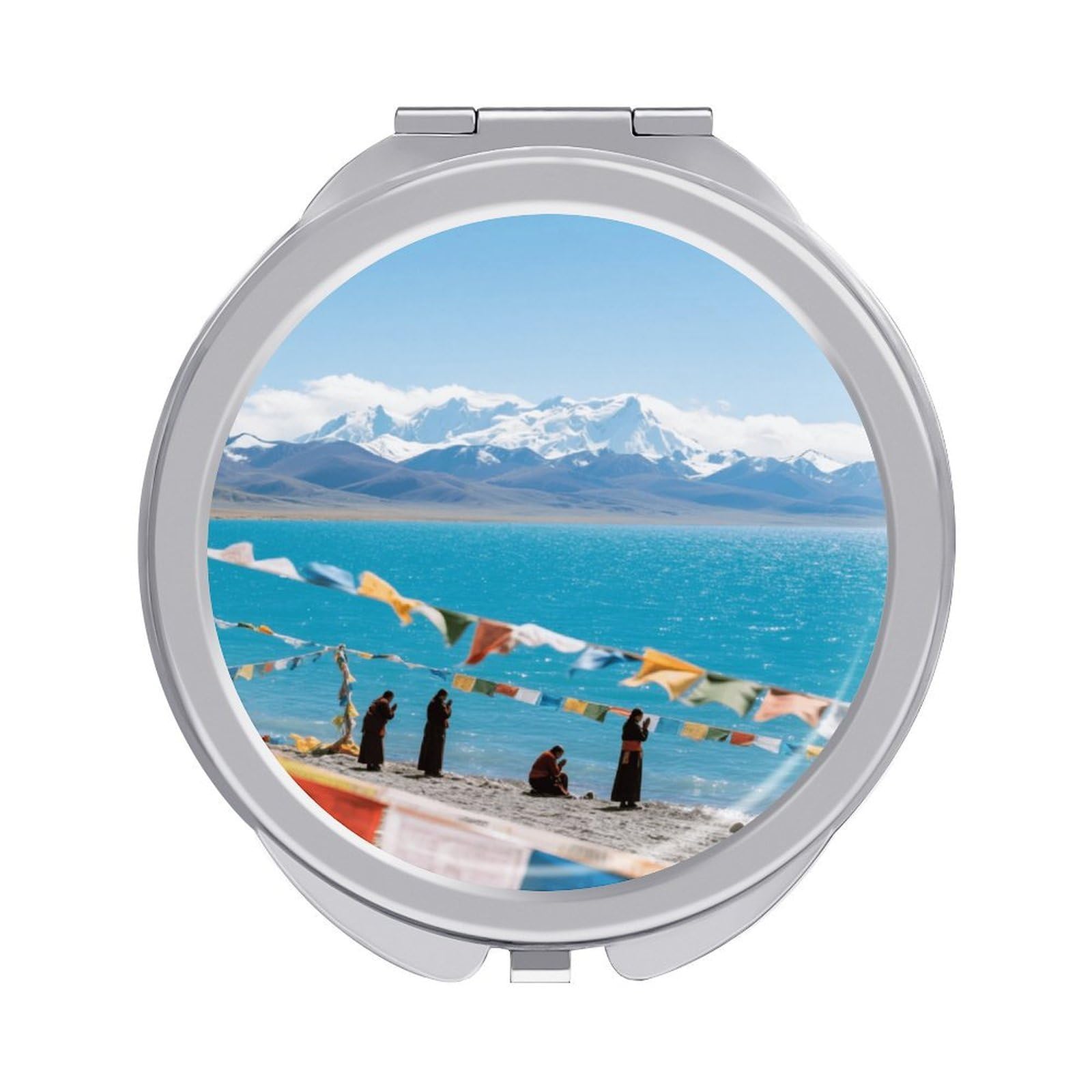 Fekiloot Style Namtso Lake Snow Mountain Travel Makeup Mirror Handheld Compact Mirror Portable Pocket Mirror Double-Sided 1X/2X Magnifying For Handbag And Purses