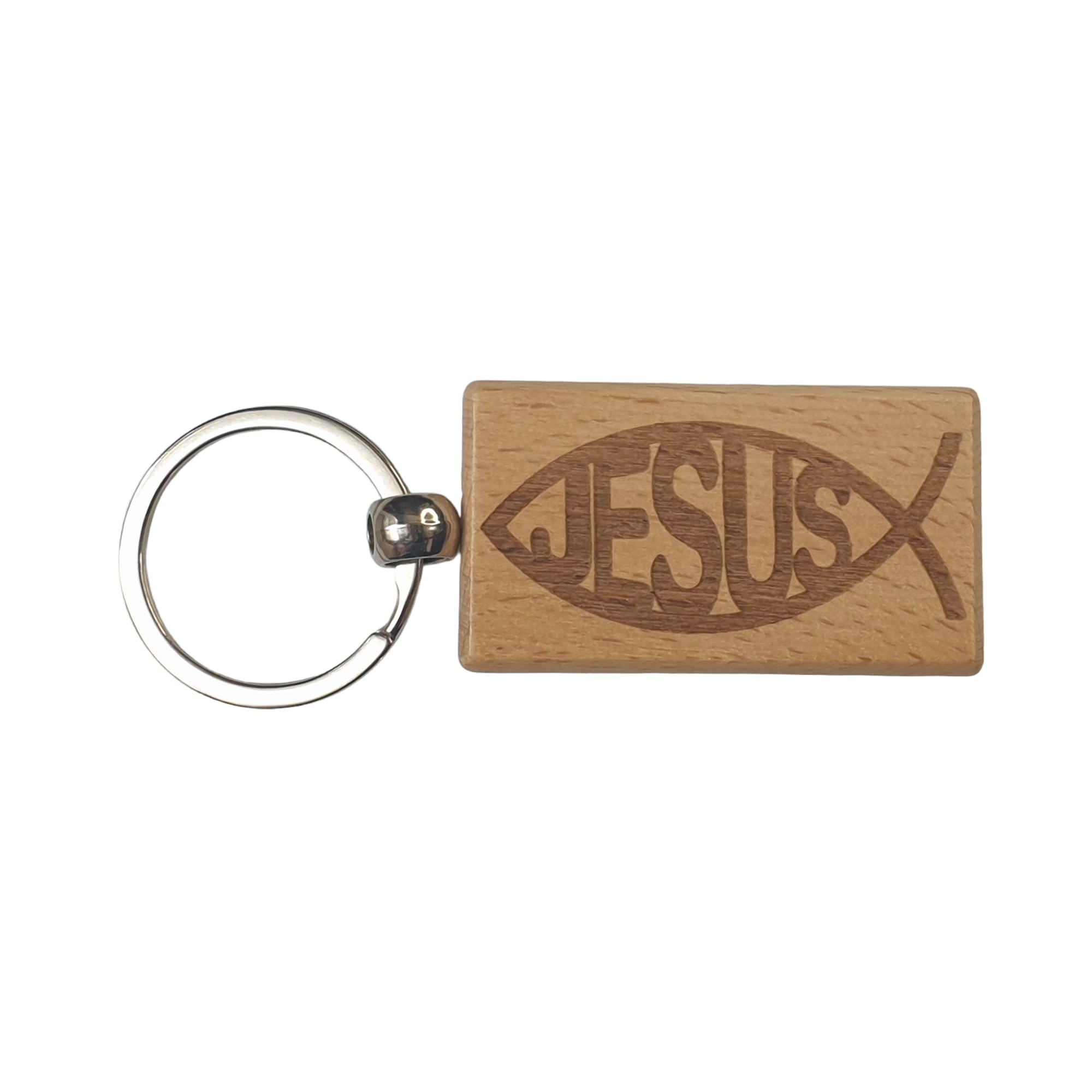 Decalarama Brown Jesus Keyring Gift - Jesus Text Ichthys Fish - Cute Engraved Wooden Key Fob Novelty Nice Christian Custom Gift