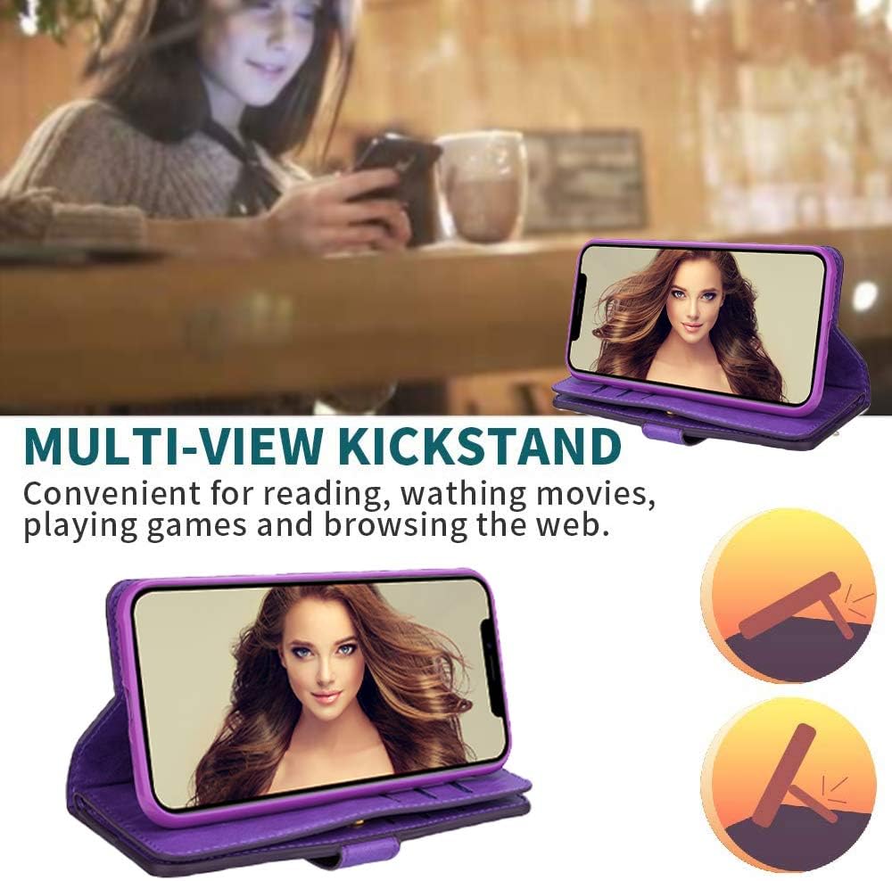 FLYEE Compatible with iPhone 11 (6.1 inch,2019 Release) Wallet Case for Women and Girls with Card Holder,10 Card Slots Premium Leather Zipper case Kickstand Magnetic with Wrist Strap-Purple