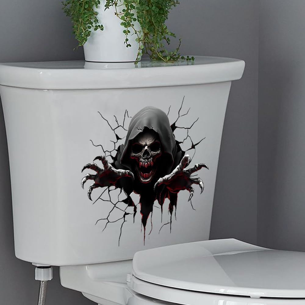 Halloween Horror Toilet Sticker Crack Skull Toilet Seat Lid Decal Waterproof Bathroom Wall Sticker Double-Sided Printed Zombie Toilet Seat Cover Decal Home Decor (Style 2)