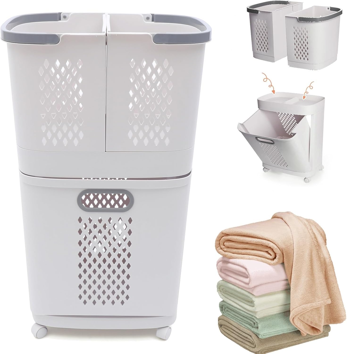 Laundry Basket on Wheels, 3 Section Detachable Laundry Hamper with Handle Dirty