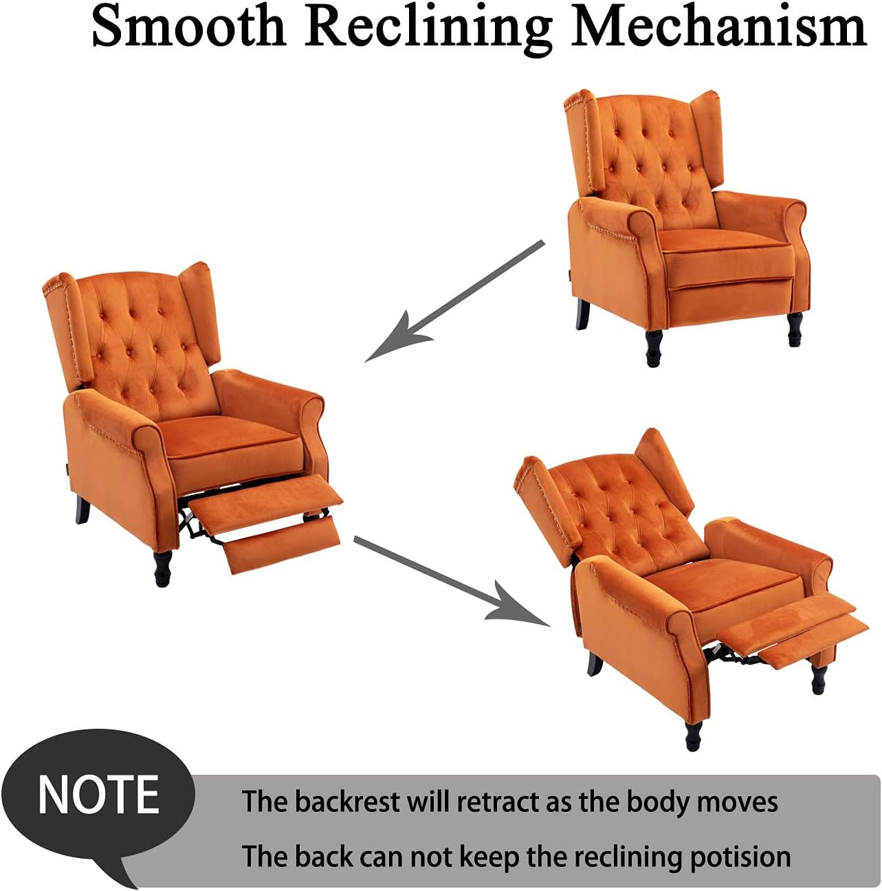 Velvet Accent Chair, Push Back Recliner Chair, Wingback Arm Chair for Living Room/Bedroom/Home Theater/Reception Area, Caramel