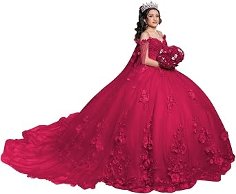 XYAYE Off Shoulder Quinceanera Dresses with Cape Puffy Tulle Sweet 15 16 Dresses Gorgeous 3D Flowers Beaded Ball Gown
