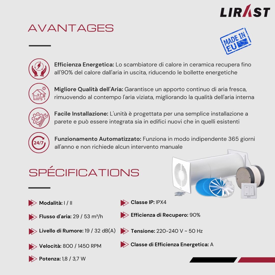 150mm Ventilazione Meccanica Controllata VMC Doppio Flusso Recupero Calore con Interruttore - VMC Recuperatore di Calore Doppio Flusso