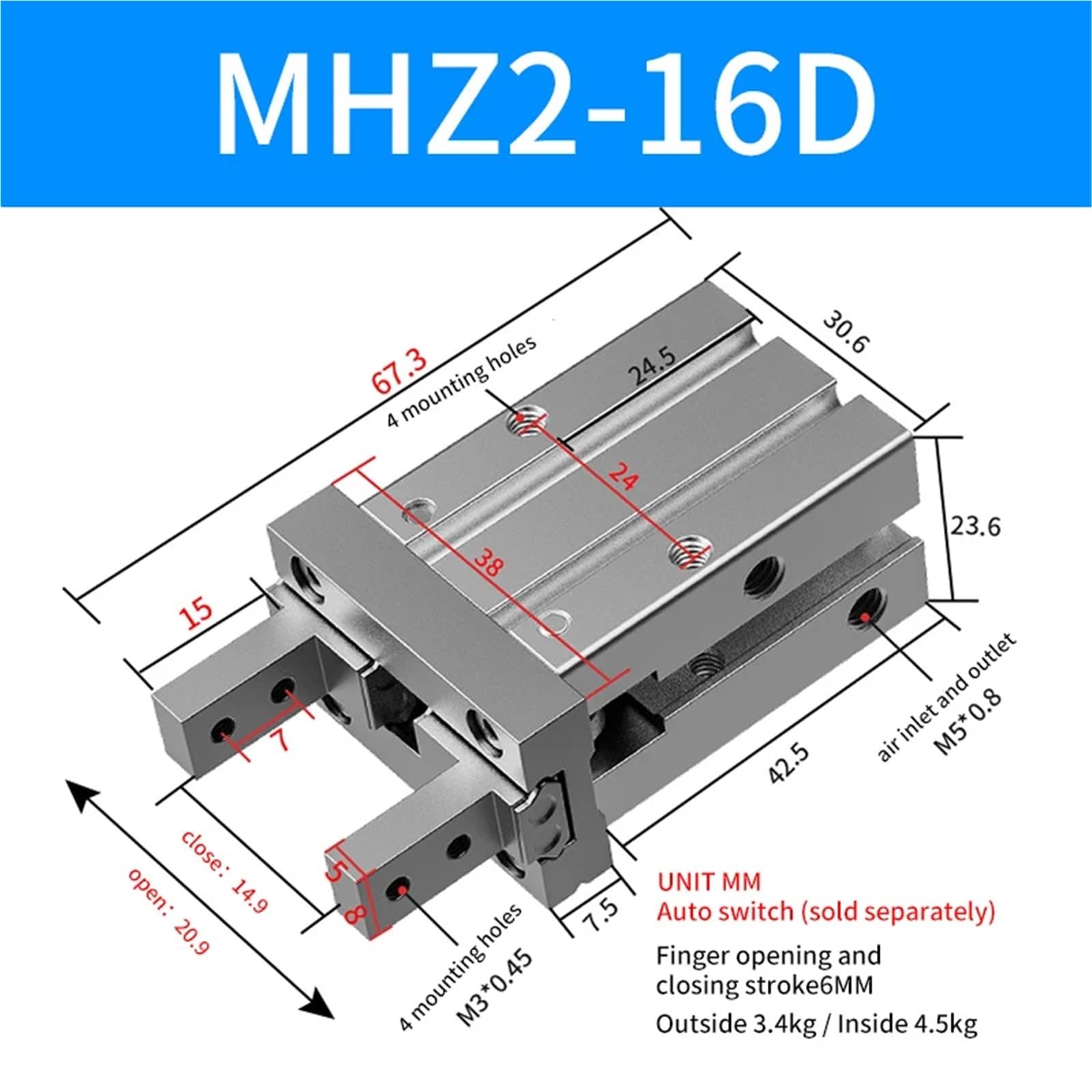 Cylinder zaciskowy MHZ2-10D/16D/20D/25D/32D/40D, pneumatyczny elektryczny robot zacisk powietrza (MHZ2-16D)