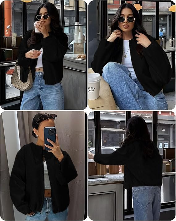 kipfall Womens Wool Blend Bomber Jackets Fall Winter Cropped Zip Up Coat Hoodless Outwear with Pockets - Image 4