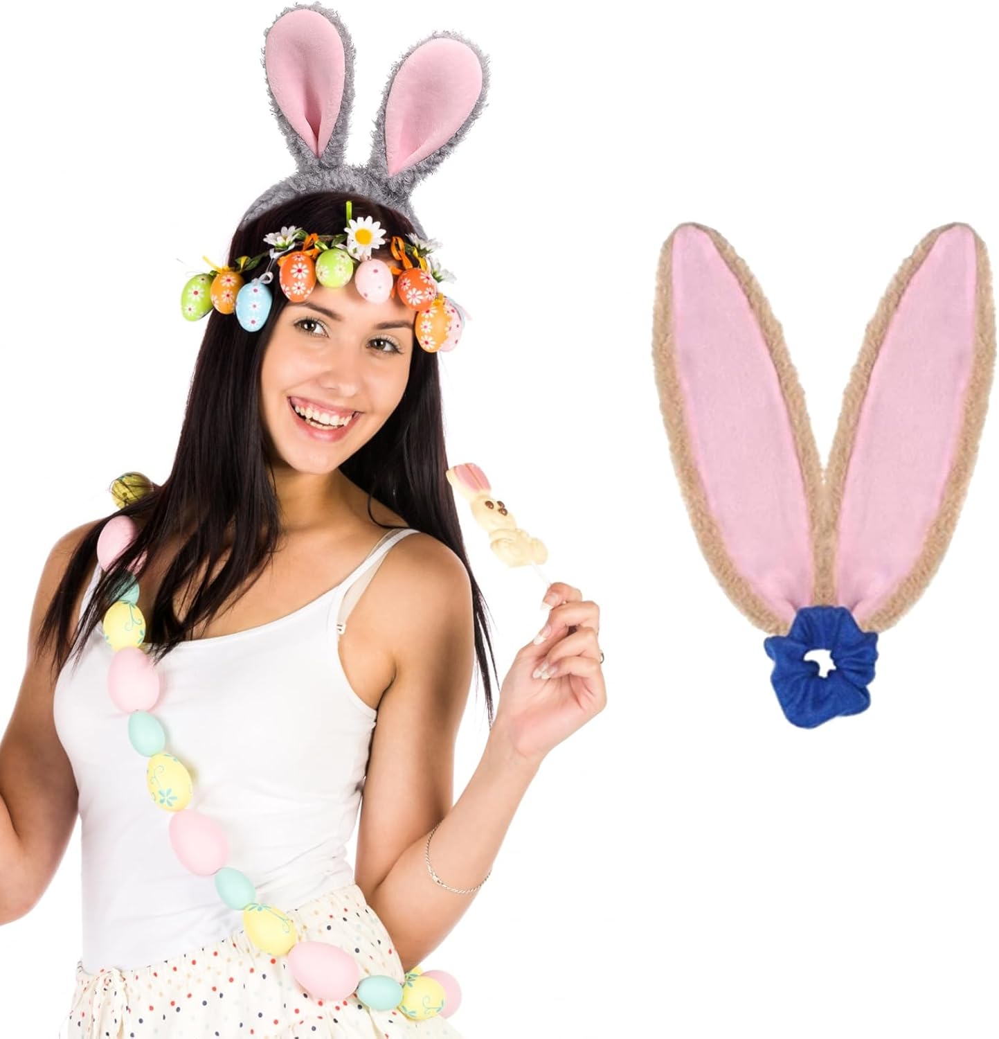 NUMJAW Easter Bunny Ears Headband + Bunny Scrunchies for Easter Bunny Costume Adult Halloween Costumes,Rabbit Ears Scrunchies Easter Headband,Rabbit Ears Headband for Easter Party Favor Cosplay