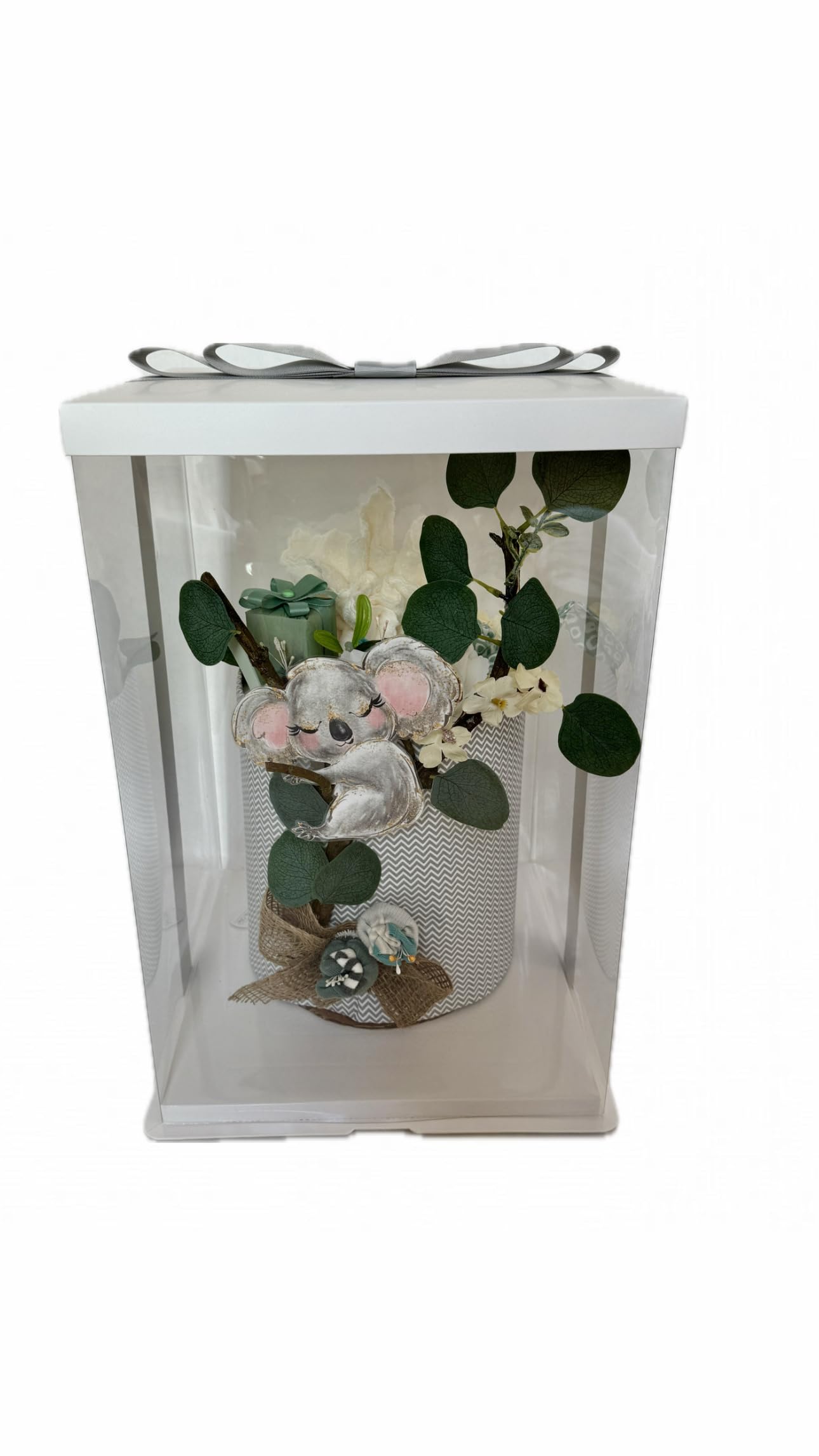 Windeltorte neutral grau grün mit Koala Motiv I Neugeborenen Geschenk zur Baby Shower Party und Taufe I verpackt in Tortenbox mit Geschenkkarte